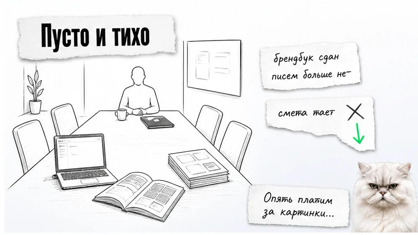 Пустая переговорная агентства с брендбуком, ноутбуком и одним силуэтом менеджера.