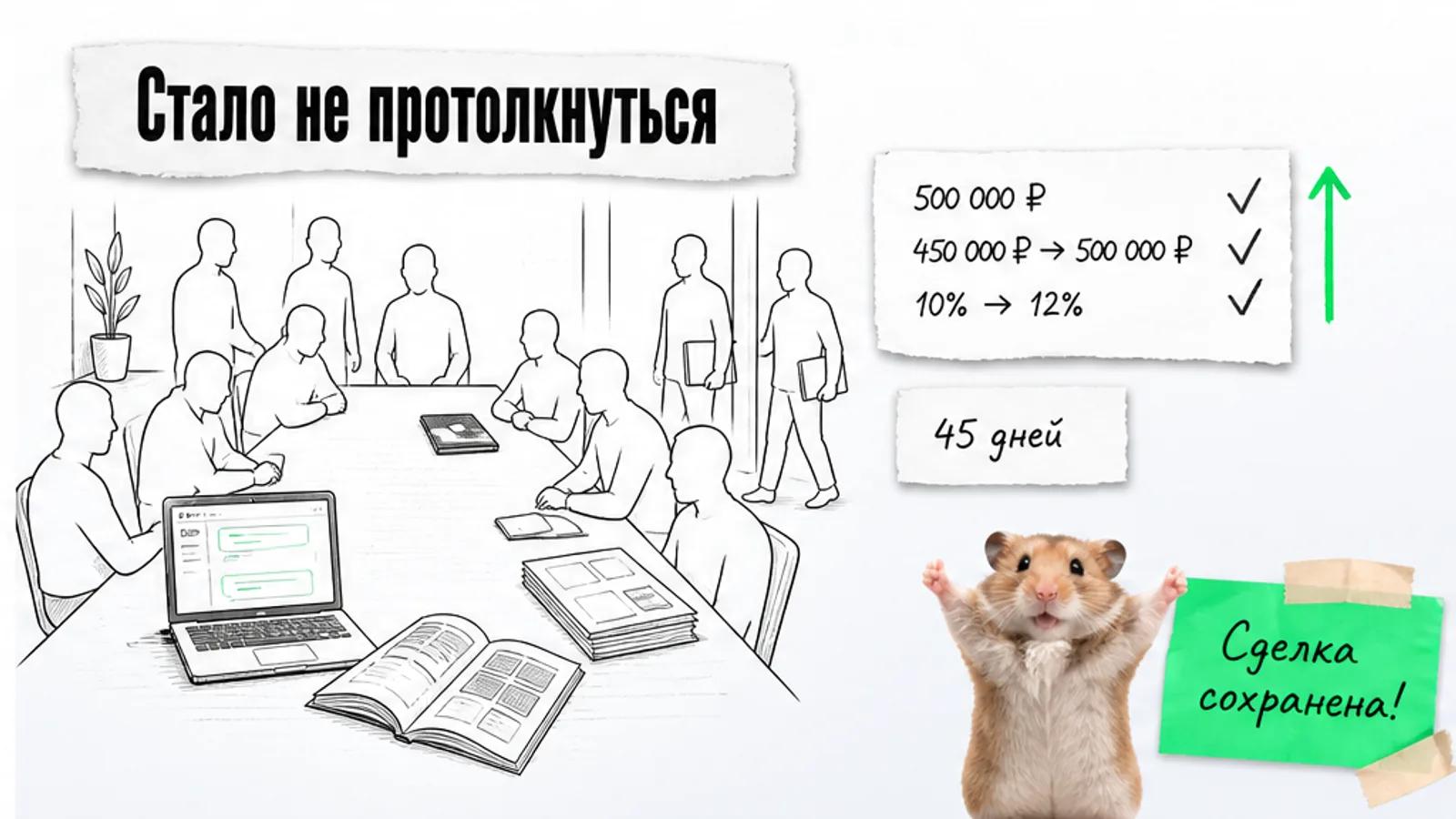 Та же переговорная заполнена людьми, рядом карточки с ростом выручки и заявок.