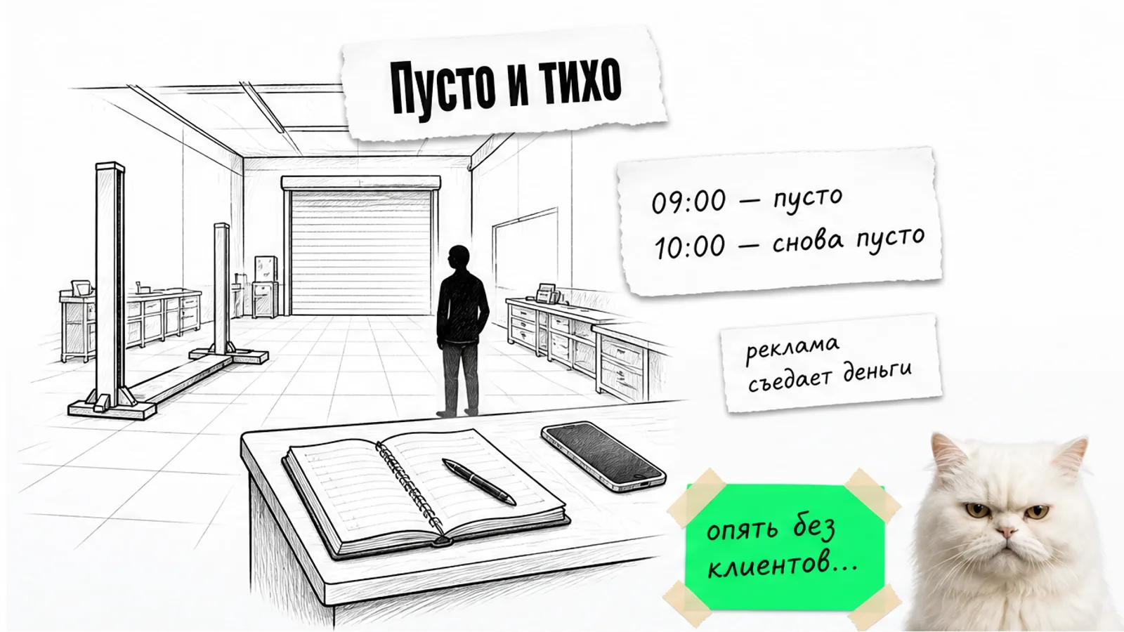 Пустой бокс автосервиса с подъёмником, телефоном и одним владельцем у стойки, рядом скептичный кот.