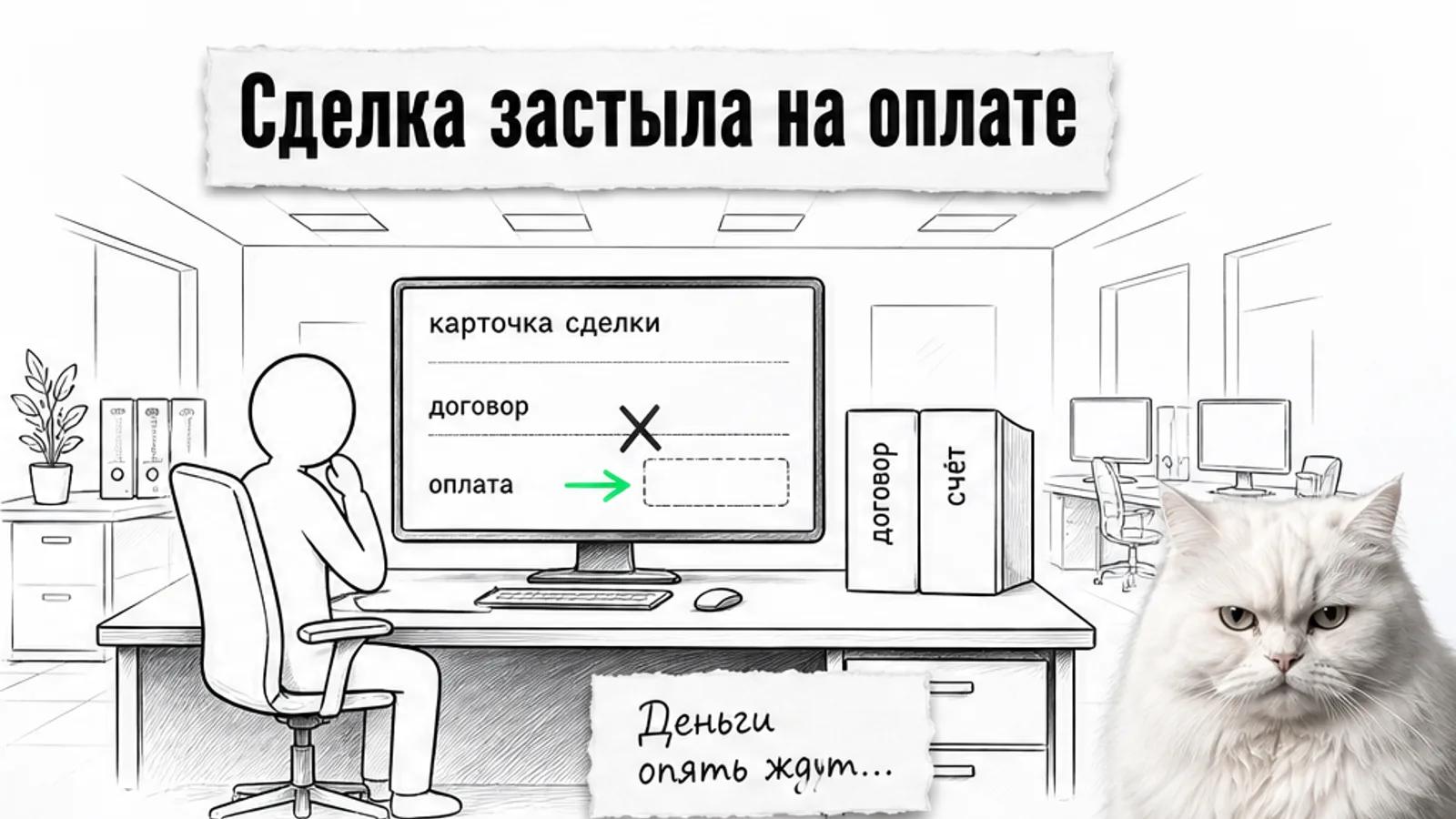 Пустой офис с карточкой сделки, неподписанными документами и скептичным котом.
