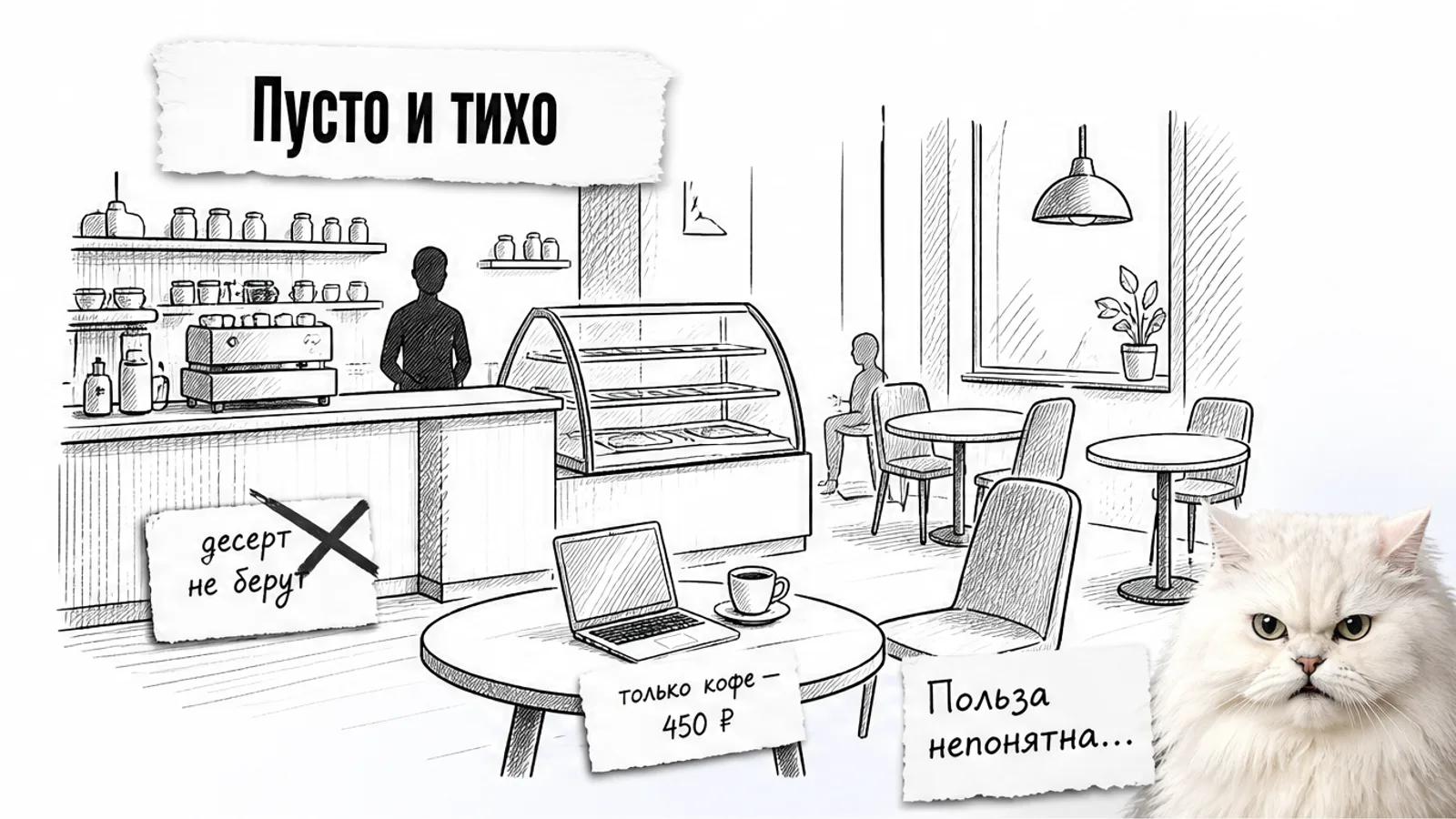 Пустая кофейня с ноутбуком на столе, одним силуэтом и скептически настроенным котом.