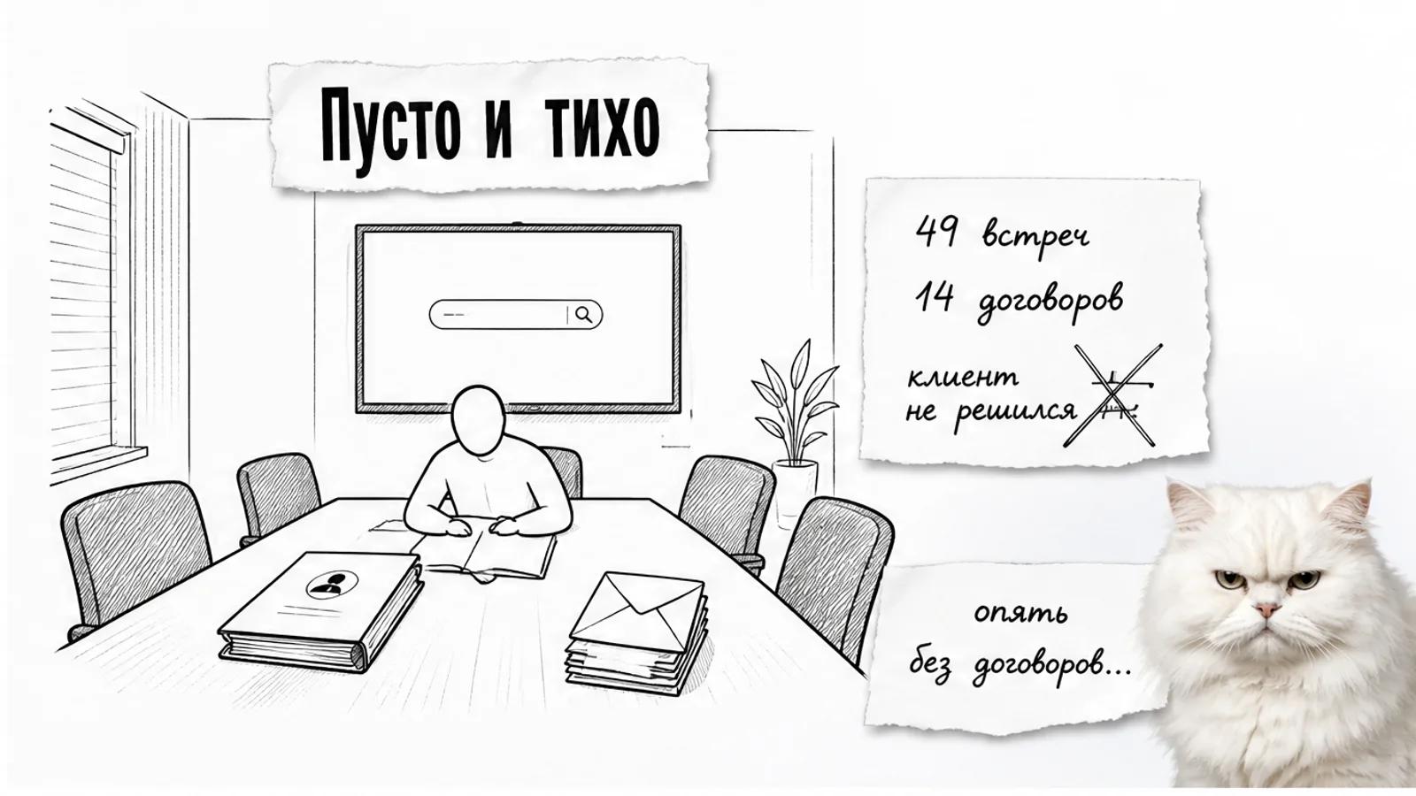 Пустая переговорная рекрутингового агентства с одним силуэтом, папкой кандидатов и скептичным котом.