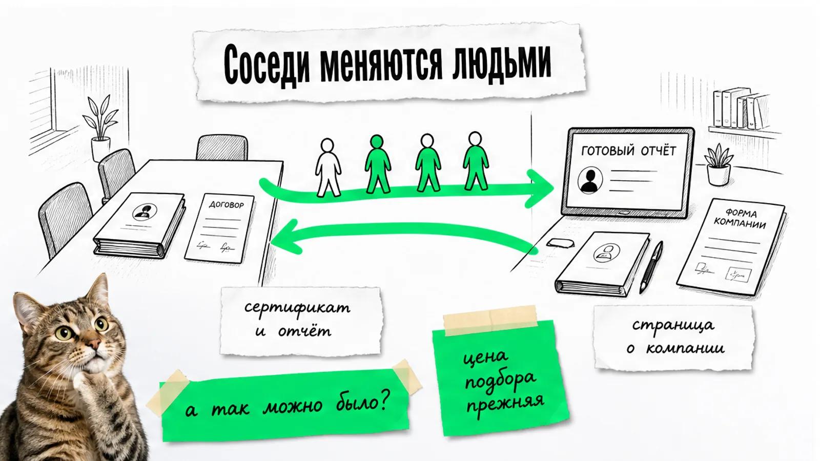 Рекрутинговое агентство и интернет-издание обмениваются клиентами по зелёной стрелке, рядом задумчивый кот.