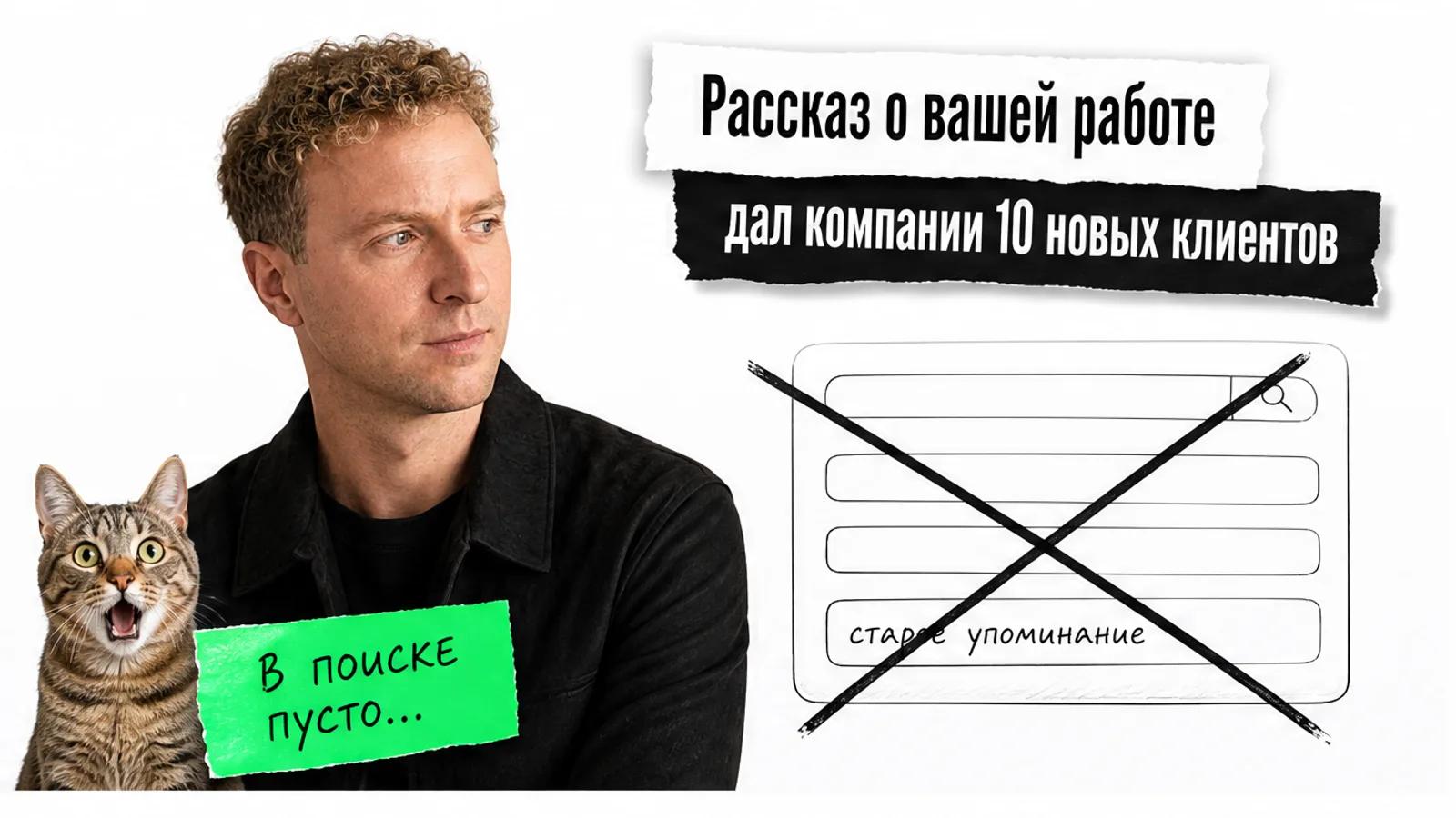 Человек с фото смотрит на карточки с пустым поиском, рядом потрясённый кот.
