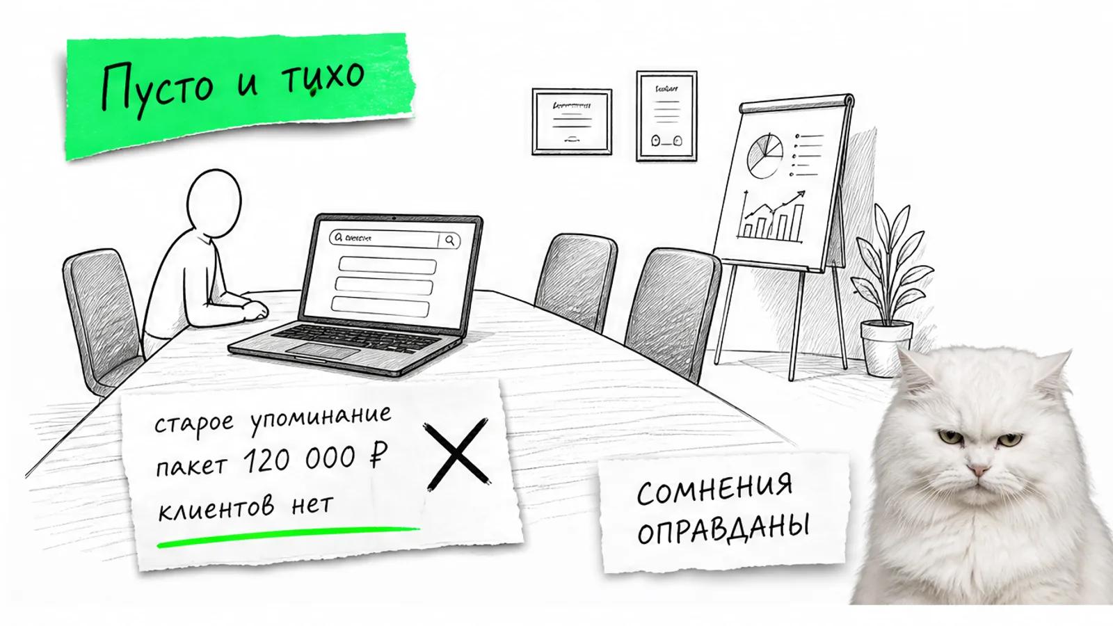 Пустая встреча агентства с ноутбуком, старым упоминанием и скептичным котом.