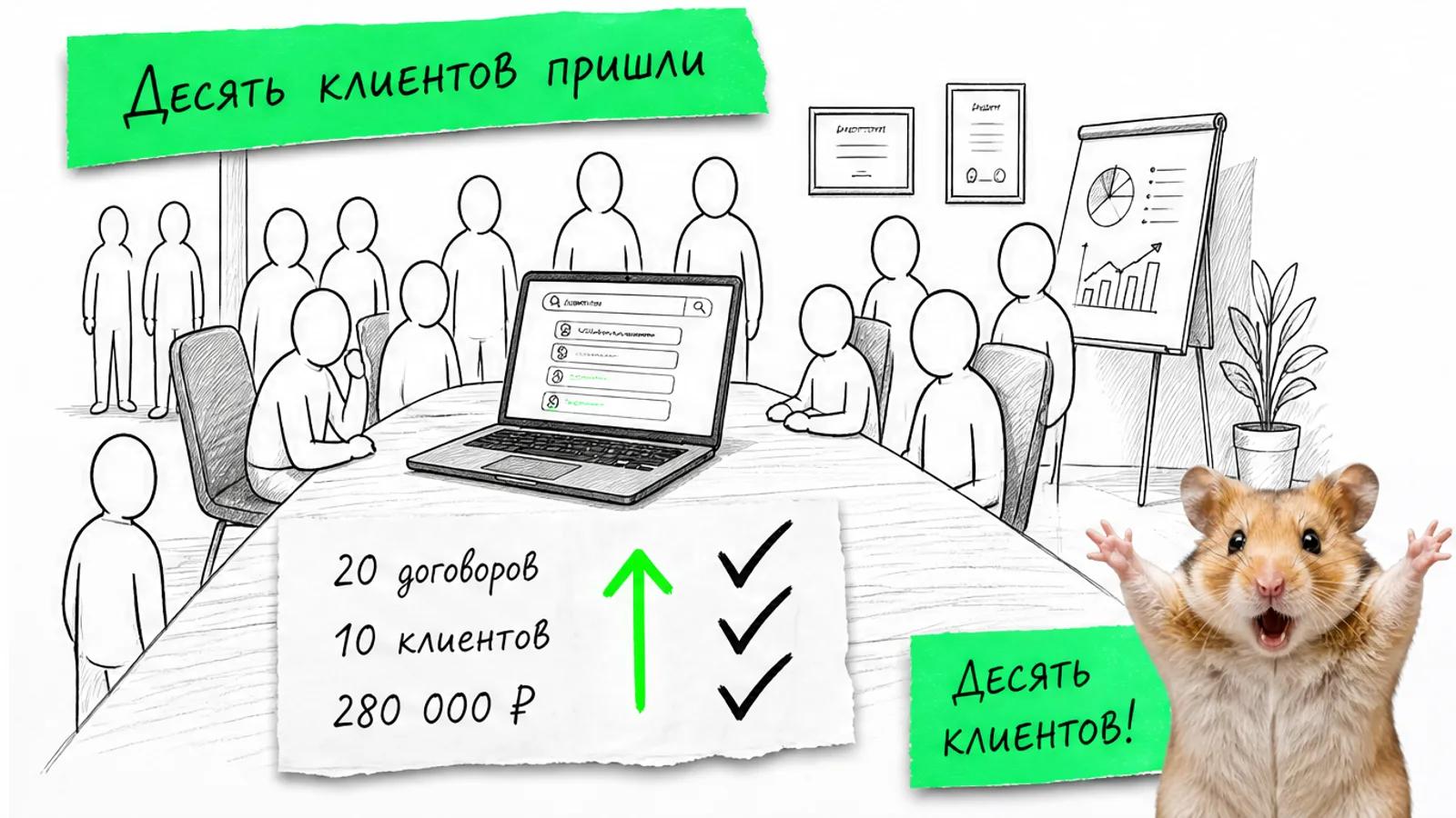 Та же переговорная заполнена людьми, рядом указаны 20 договоров и 10 клиентов.