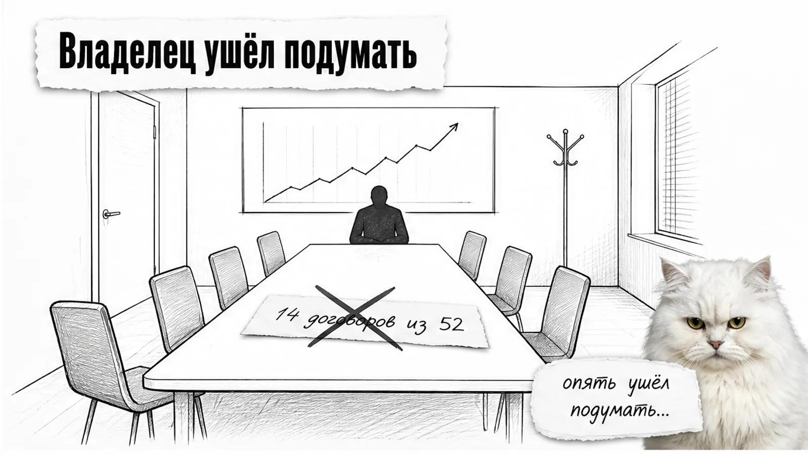 Пустая переговорная: один силуэт за длинным столом, отодвинутый отчёт с крестом, рядом белый кот насупился