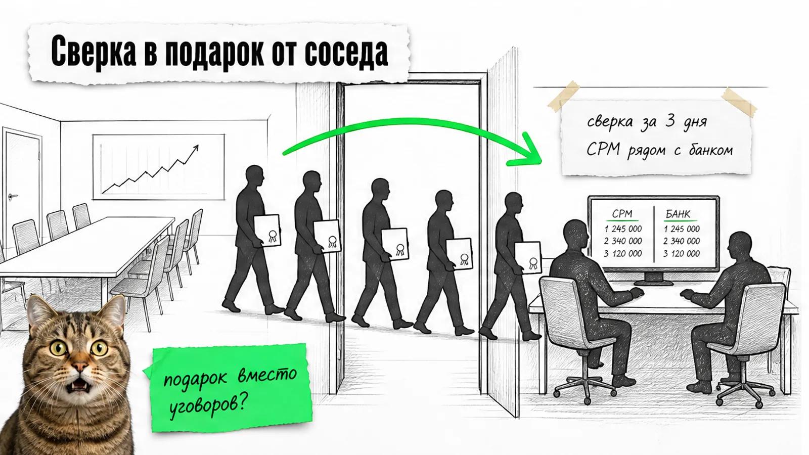 Два соседних офиса, силуэты владельцев с сертификатами идут по зелёной стрелке, рядом кот с распахнутыми глазами