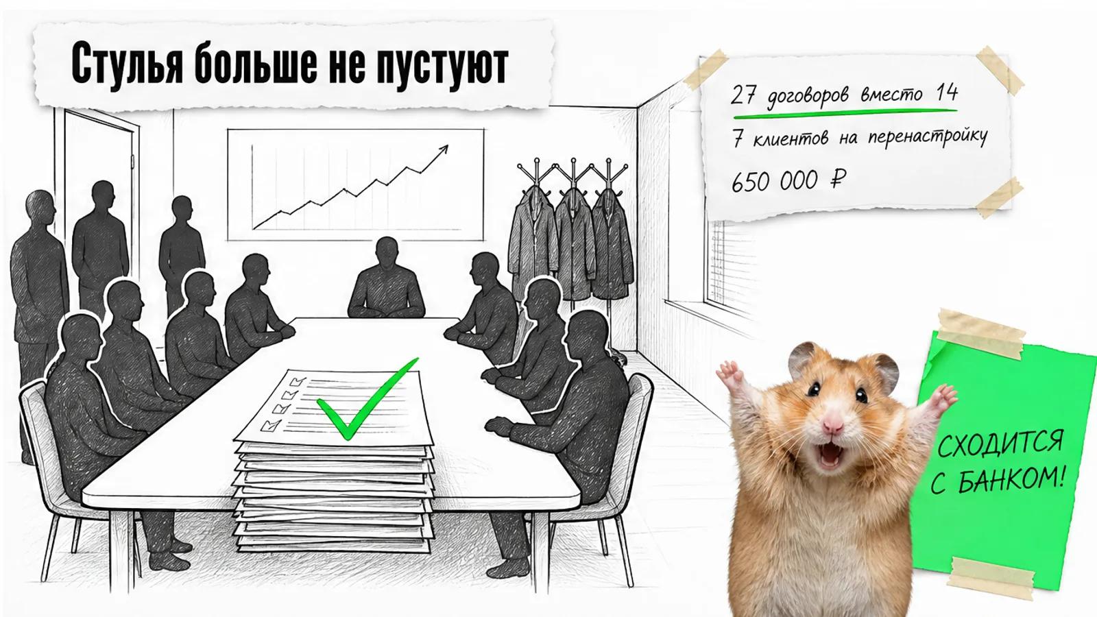 Та же переговорная полна силуэтов владельцев, на карточке 27 договоров и 7 клиентов, рядом хомяк поднял лапы