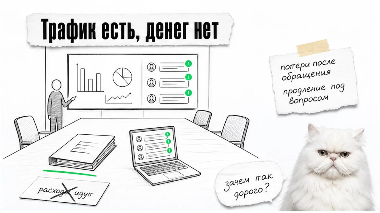Пустая отчётная встреча с непрочитанными чатами, расходами и скептичным белым котом.