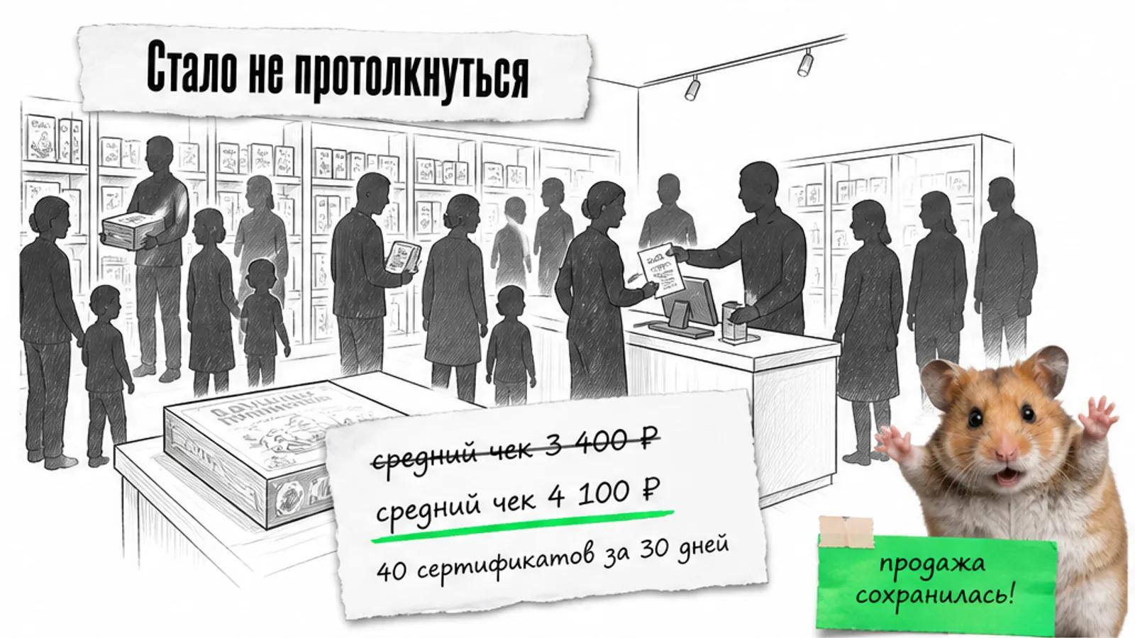 Тот же магазин заполнен покупателями, рядом сертификат и карточки с итогами запуска.