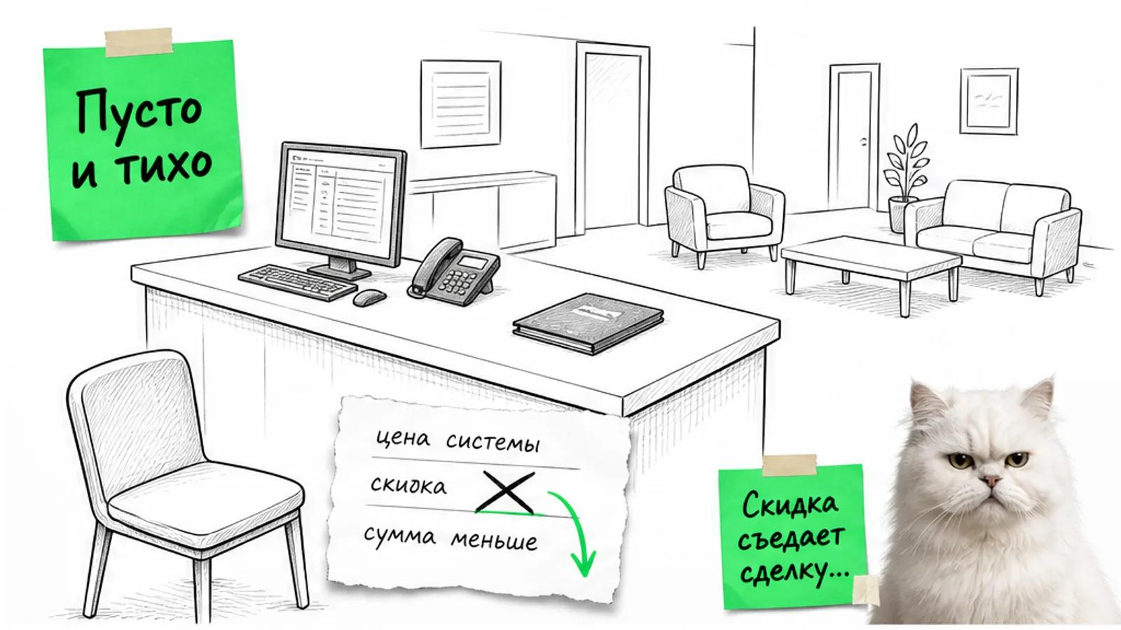Пустая стойка гостиницы с компьютером, телефоном и счётом со скидкой, рядом скептичный кот.