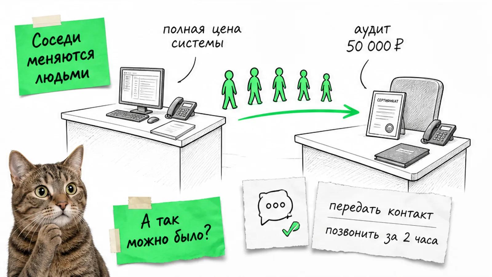 Две соседние зоны интегратора и аудитора соединены зелёной стрелкой, между ними идут пять силуэтов.