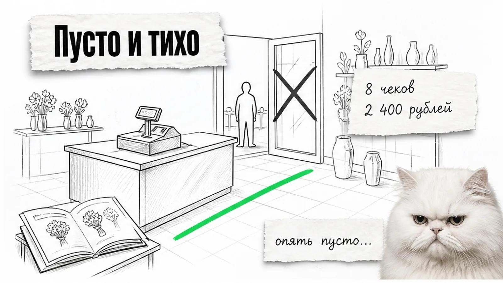 Чат в Telegram с фотографиями букетов и ценами, рядом на стойке лежит карточка с вопросами о брони