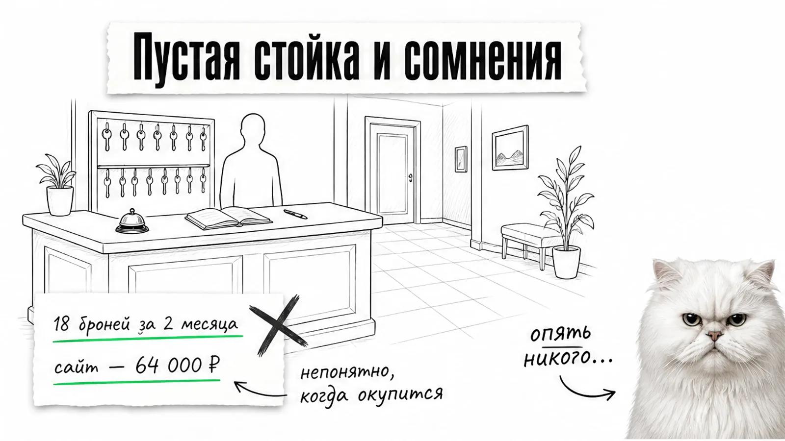 Почти пустая стойка гостиницы, один силуэт владельца и запись о 18 бронях за два месяца.