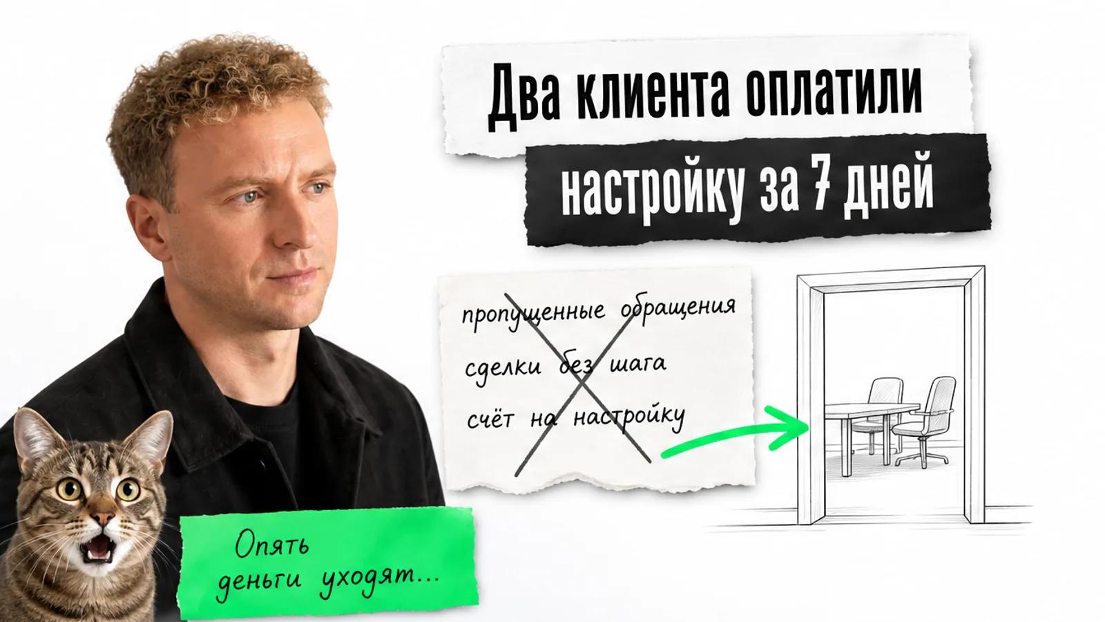 Автор в чёрной одежде смотрит на заголовок, карточки отчёта и потрясённого кота.