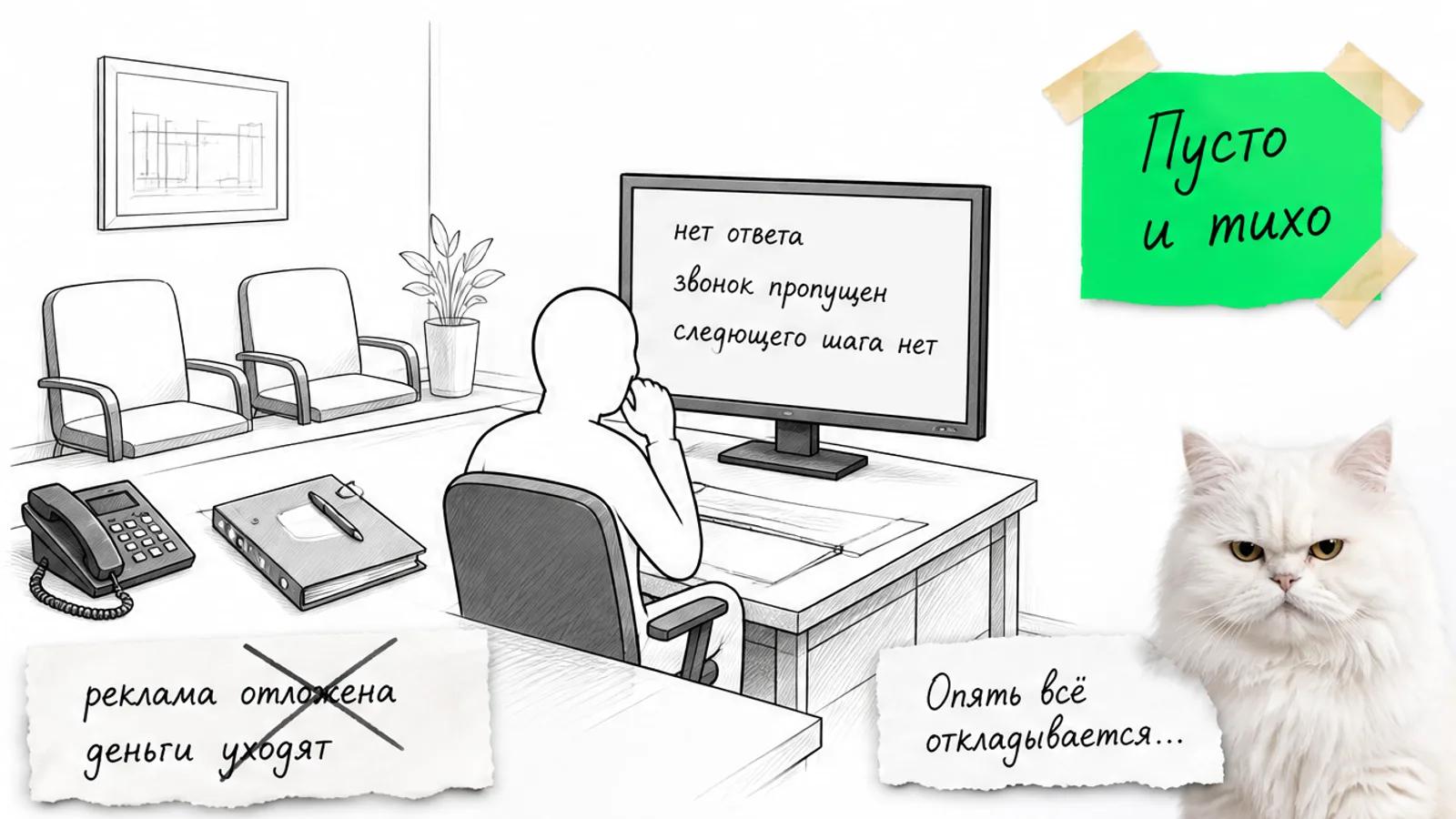 Пустой отдел продаж с одним владельцем, экраном системы и скептичным котом.