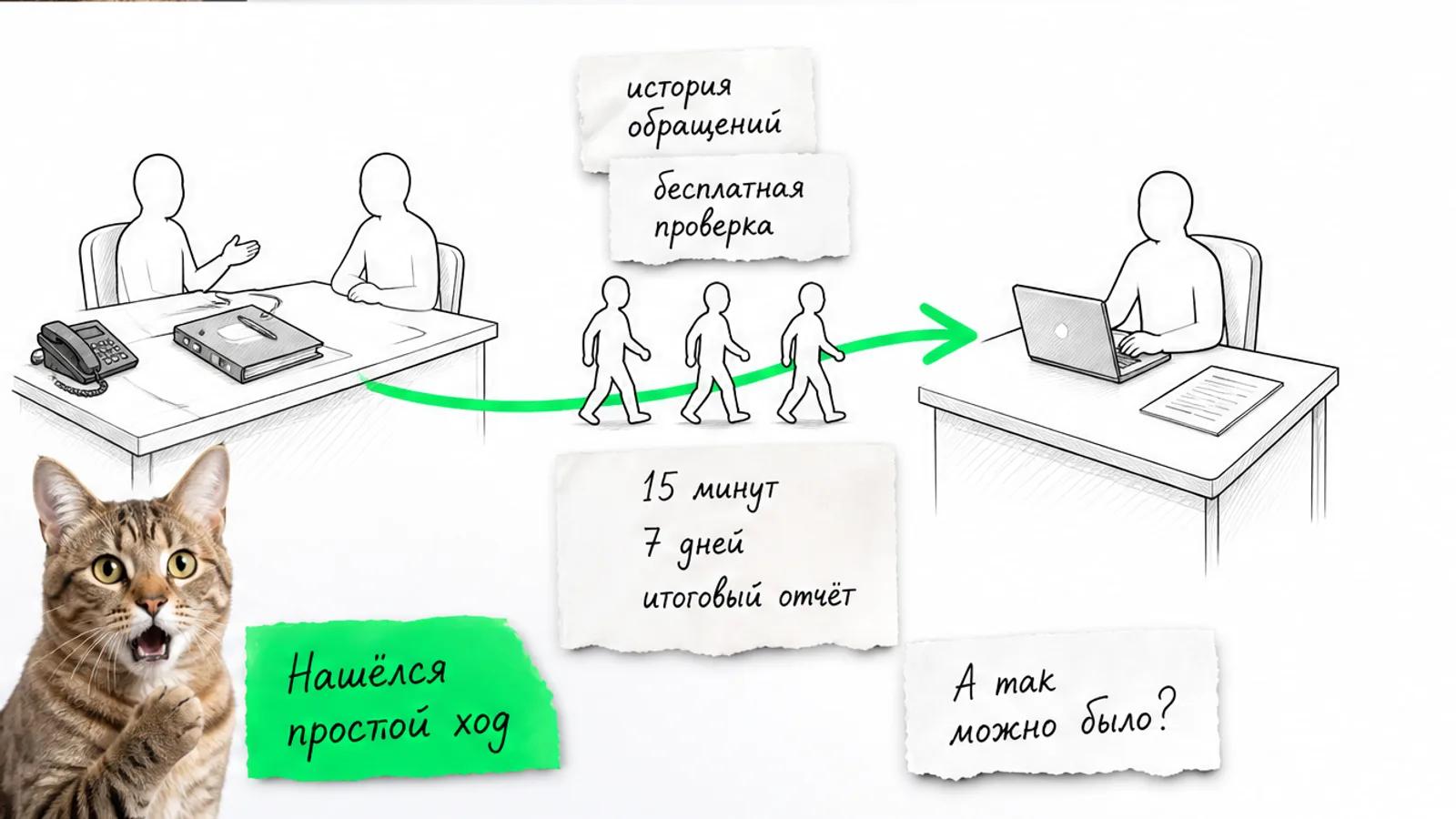 Два деловых места соединены зелёной стрелкой, по ней идут люди и удивлённый кот.