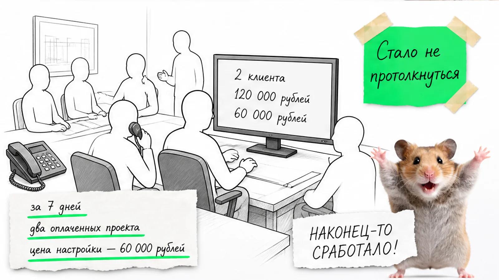 Тот же отдел продаж заполнен людьми, рядом отчёт и суммы результата, хомяк торжествует.