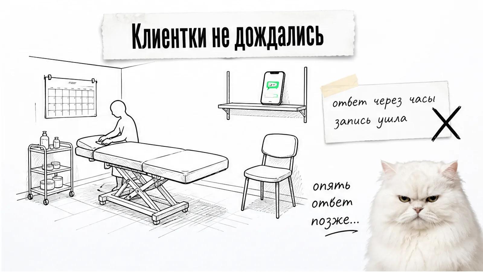 В пустом кабинете мастер занята процедурой, а телефон с сообщением лежит без ответа.