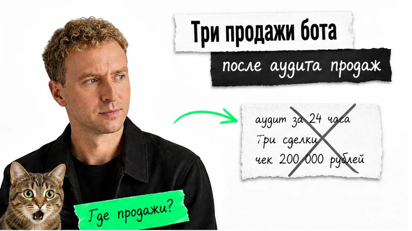 Человек с фото смотрит на заголовок и потрясённого кота рядом с карточками аудита.