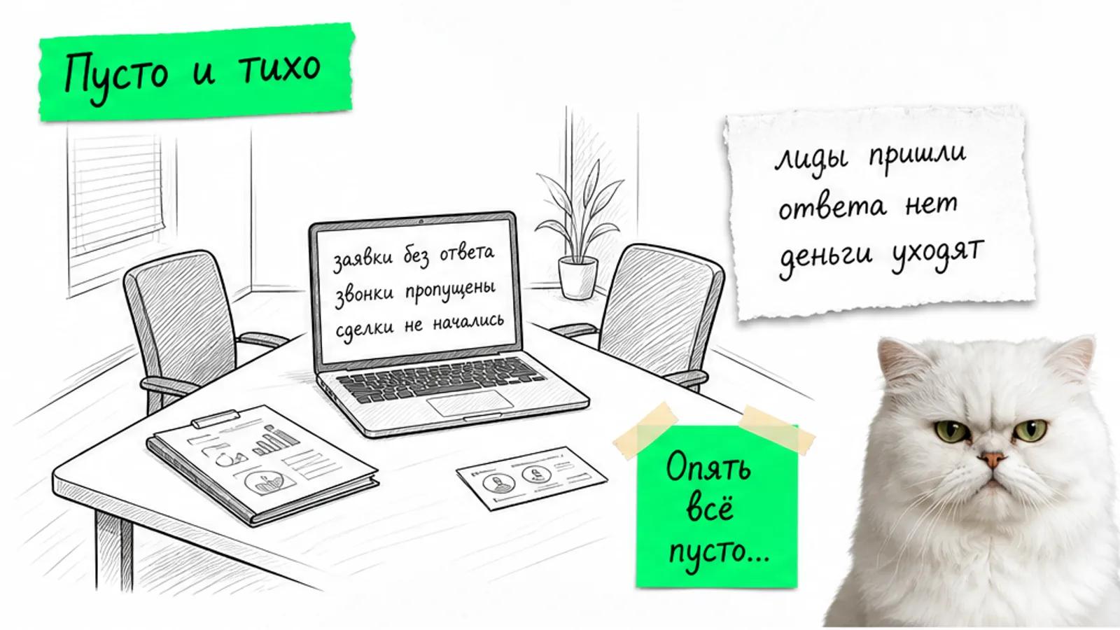 Пустая переговорная рекламного агентства, необработанные заявки на экране и скептичный кот.