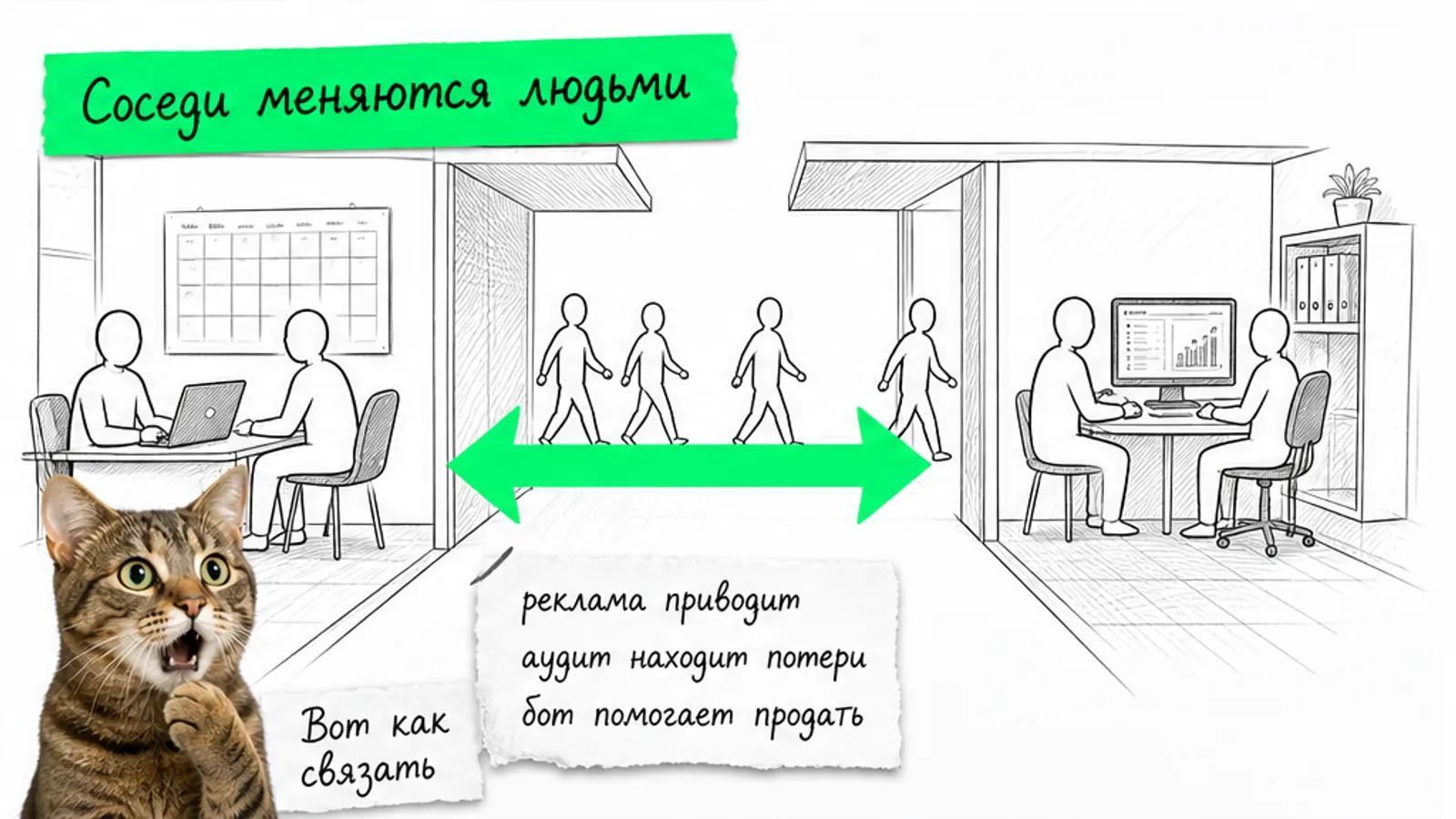 Рекламное агентство и продавец бота обмениваются клиентами, между офисами идёт поток людей.