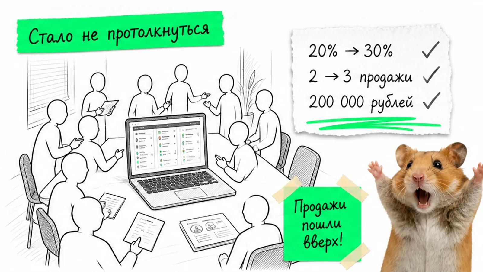 Та же переговорная заполнена людьми, рядом показаны рост конверсии и три продажи.