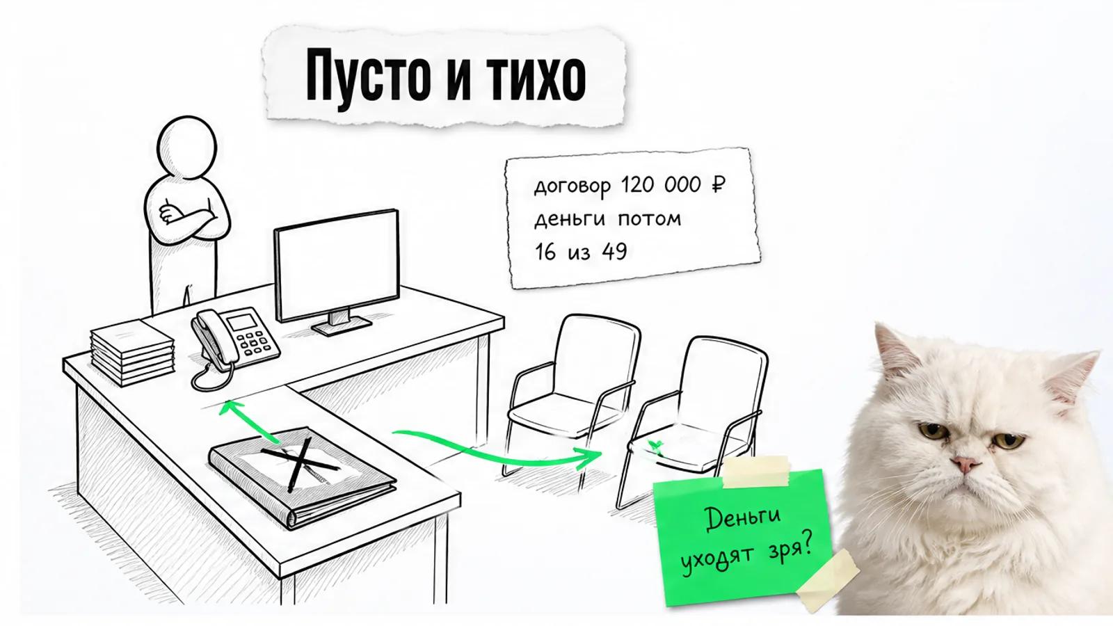 Пустой офис оптовой компании с телефоном, старой базой и одним силуэтом у стола.