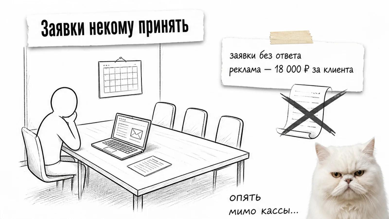 В пустой переговорной один менеджер, ноутбук с необработанными заявками и счёт на рекламу; рядом скептичный кот.