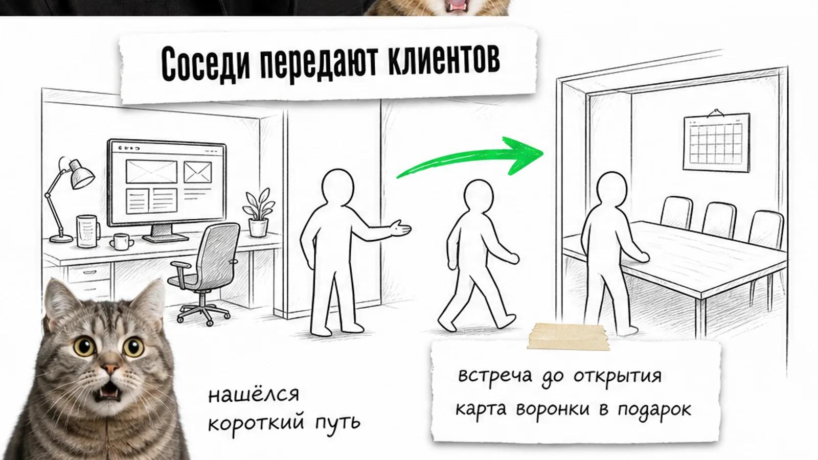 Менеджер веб-студии передаёт клиента продавцу системы управления клиентами; зелёная стрелка показывает путь к встрече.