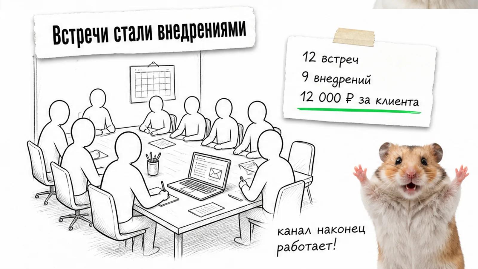 В той же переговорной много людей; карточка показывает 9 внедрений, 12 встреч и цену клиента 12 000 рублей.