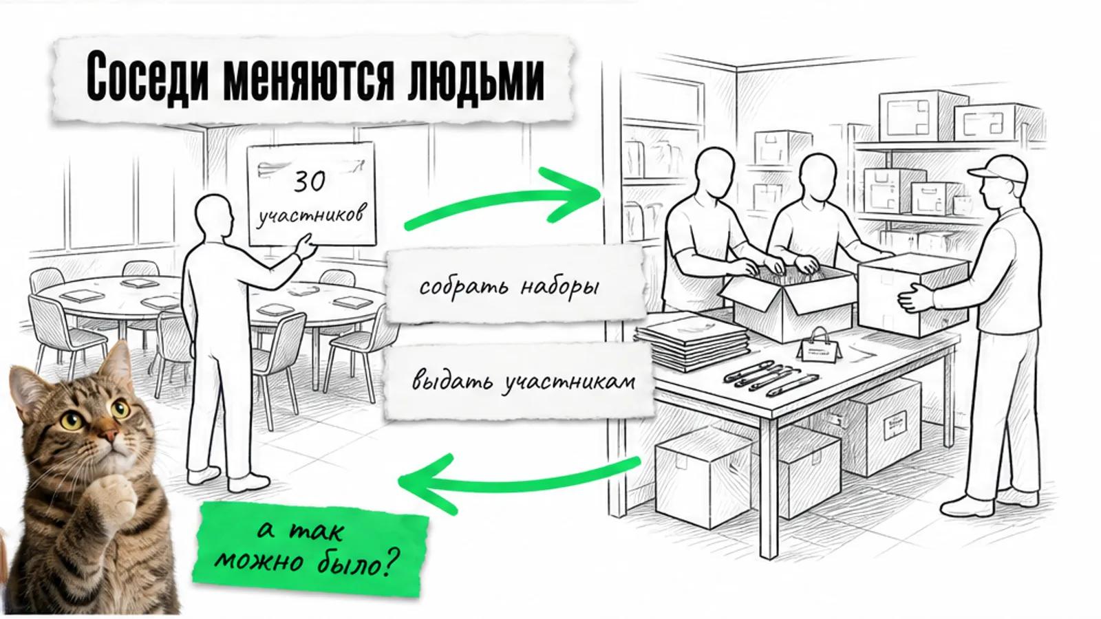 Тренинг и мастерская поставщика соединены зелёной стрелкой, рядом задумчивый кот.