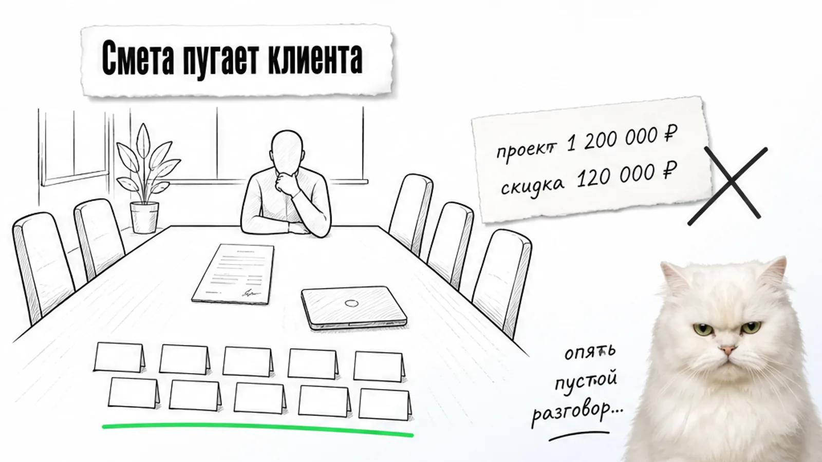 В пустой переговорной владелец изучает смету, а рядом скептически смотрит кот.