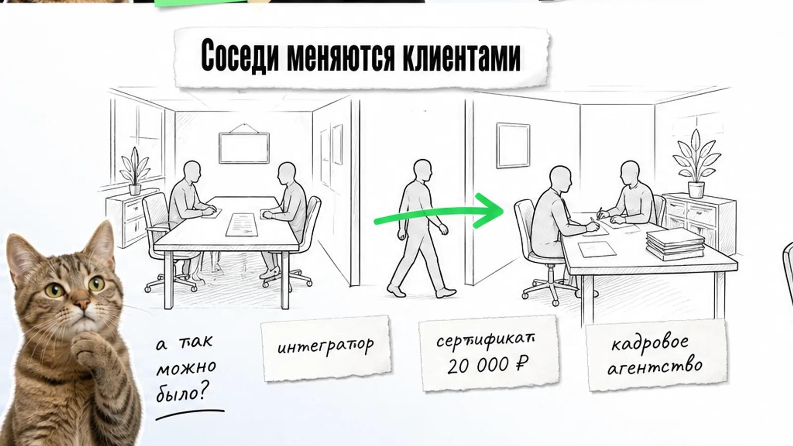 Клиент идёт от интегратора к кадровому агентству по зелёной стрелке с сертификатом.