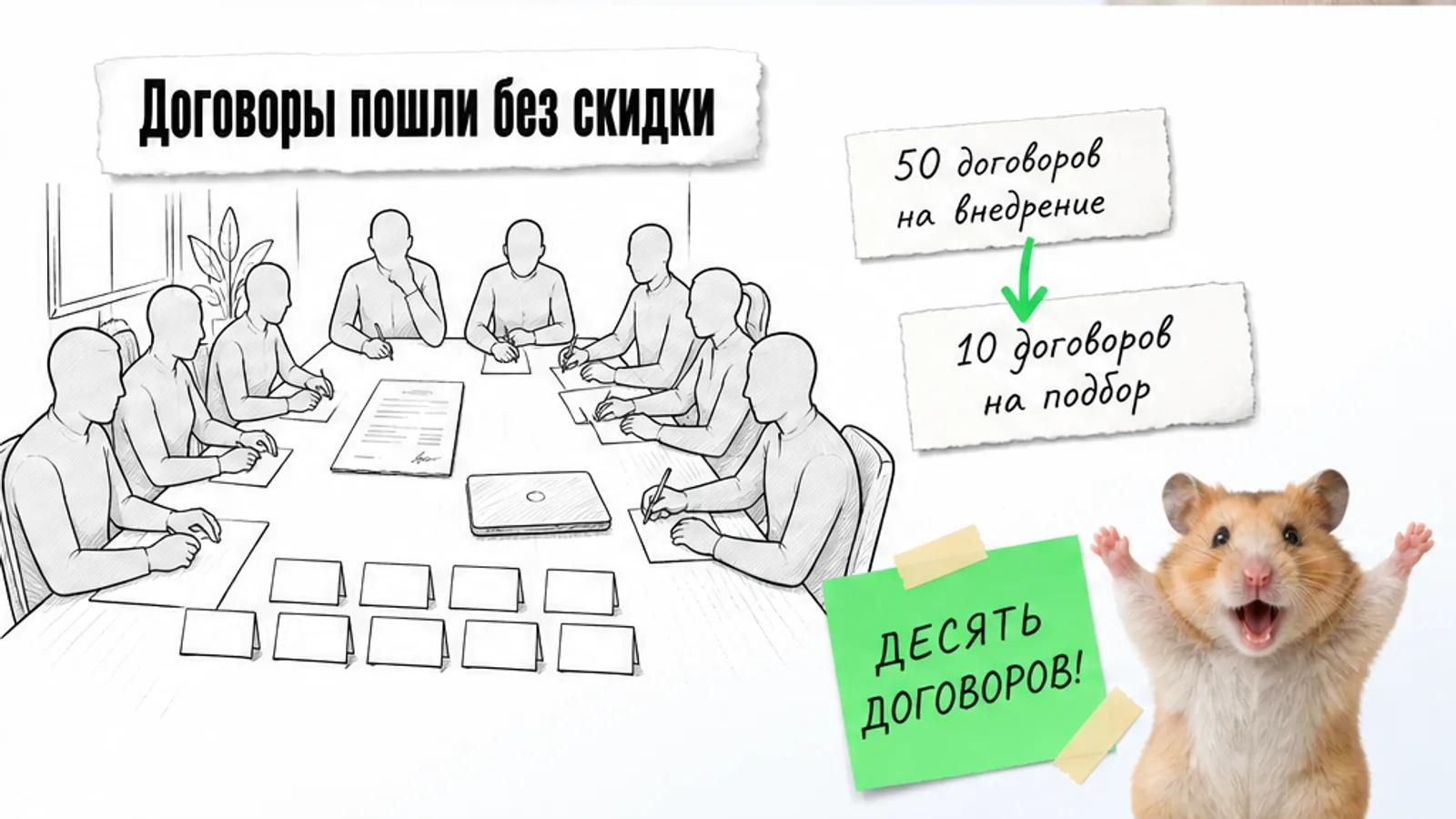 В той же переговорной много клиентов, а карточки показывают 50 и 10 договоров.
