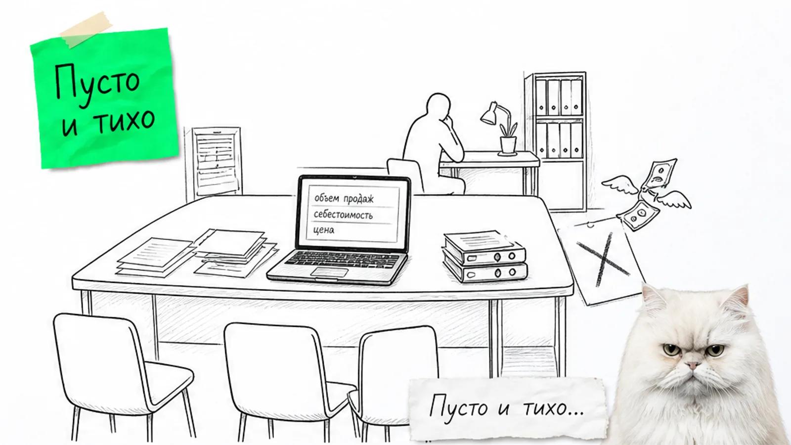 Пустой офис агентства с ноутбуком, финансовыми таблицами и пустыми стульями, рядом скептичный белый кот.