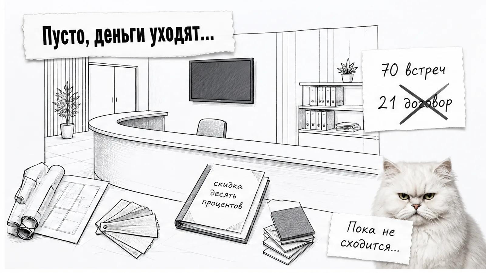 Пустая зона будущей клиники со сметой, один владелец и скептически настроенный кот.