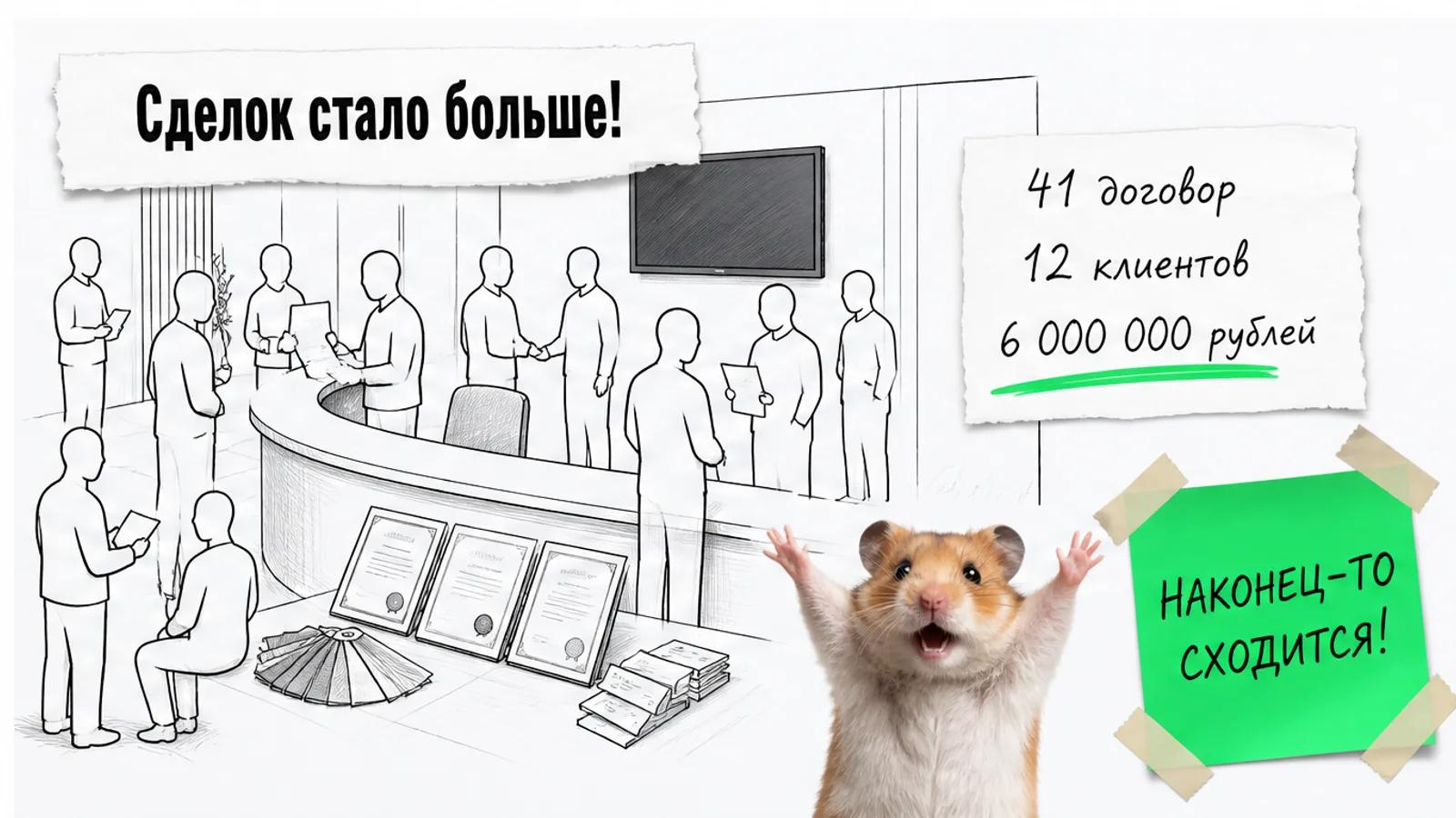 Та же зона клиники заполнена людьми, рядом показаны результаты: 41 договор и 12 клиентов.