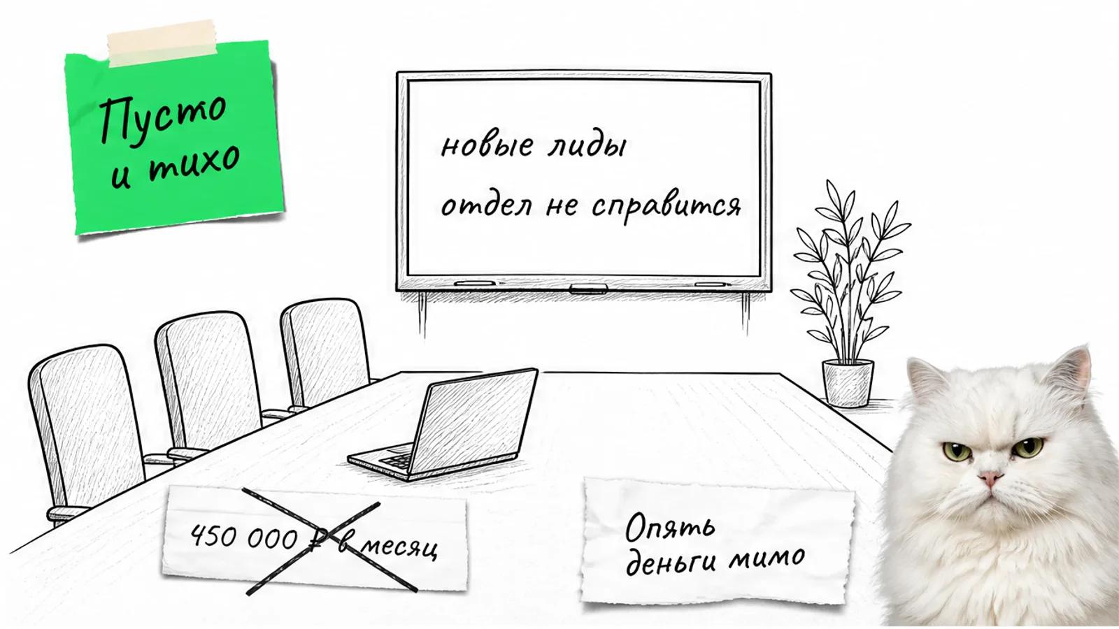 Пустая переговорная с экраном ревью, прежним бюджетом и скептичным котом.