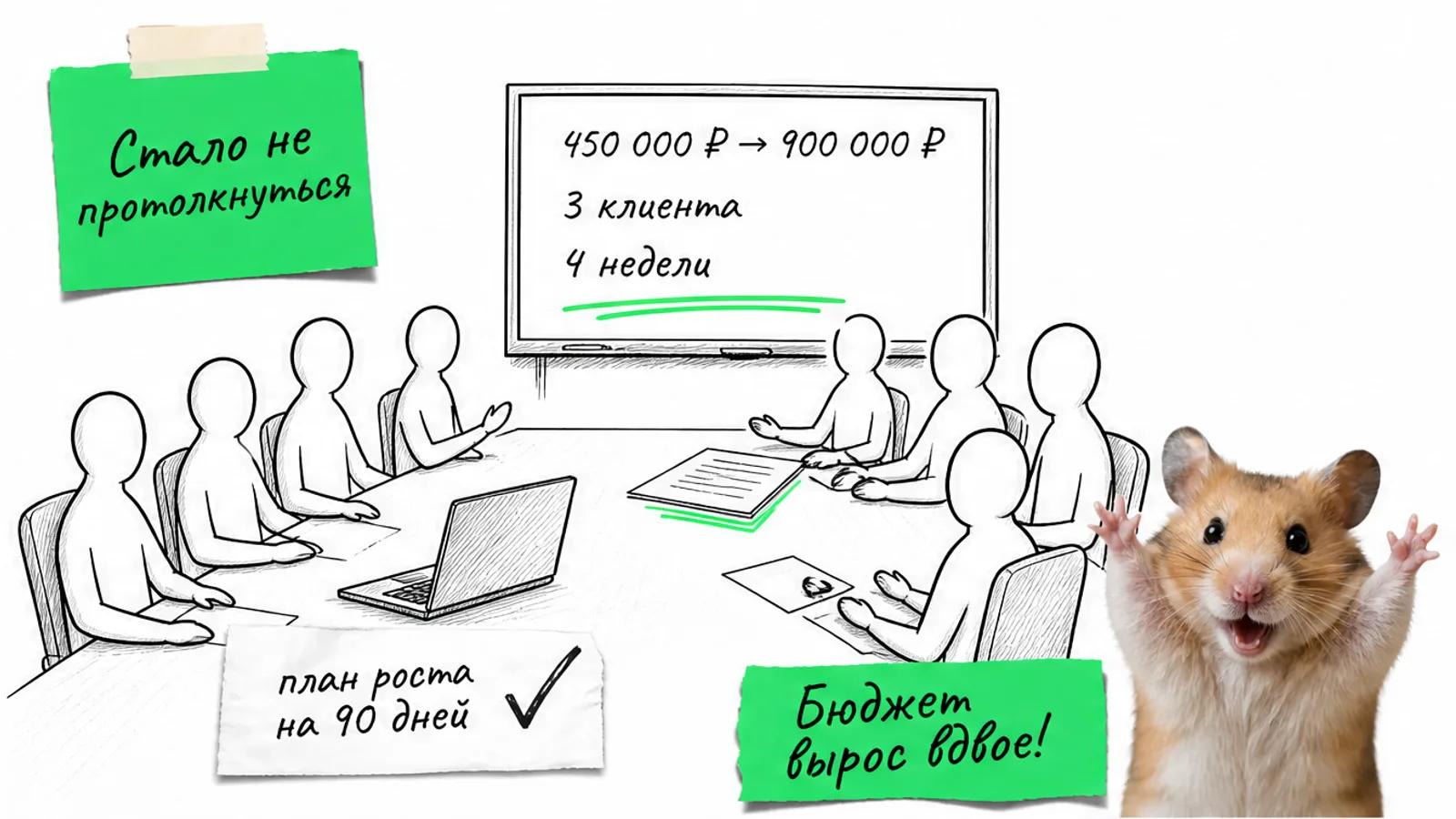 Та же переговорная заполнена людьми, на экране показан рост бюджета до 900 000 рублей.