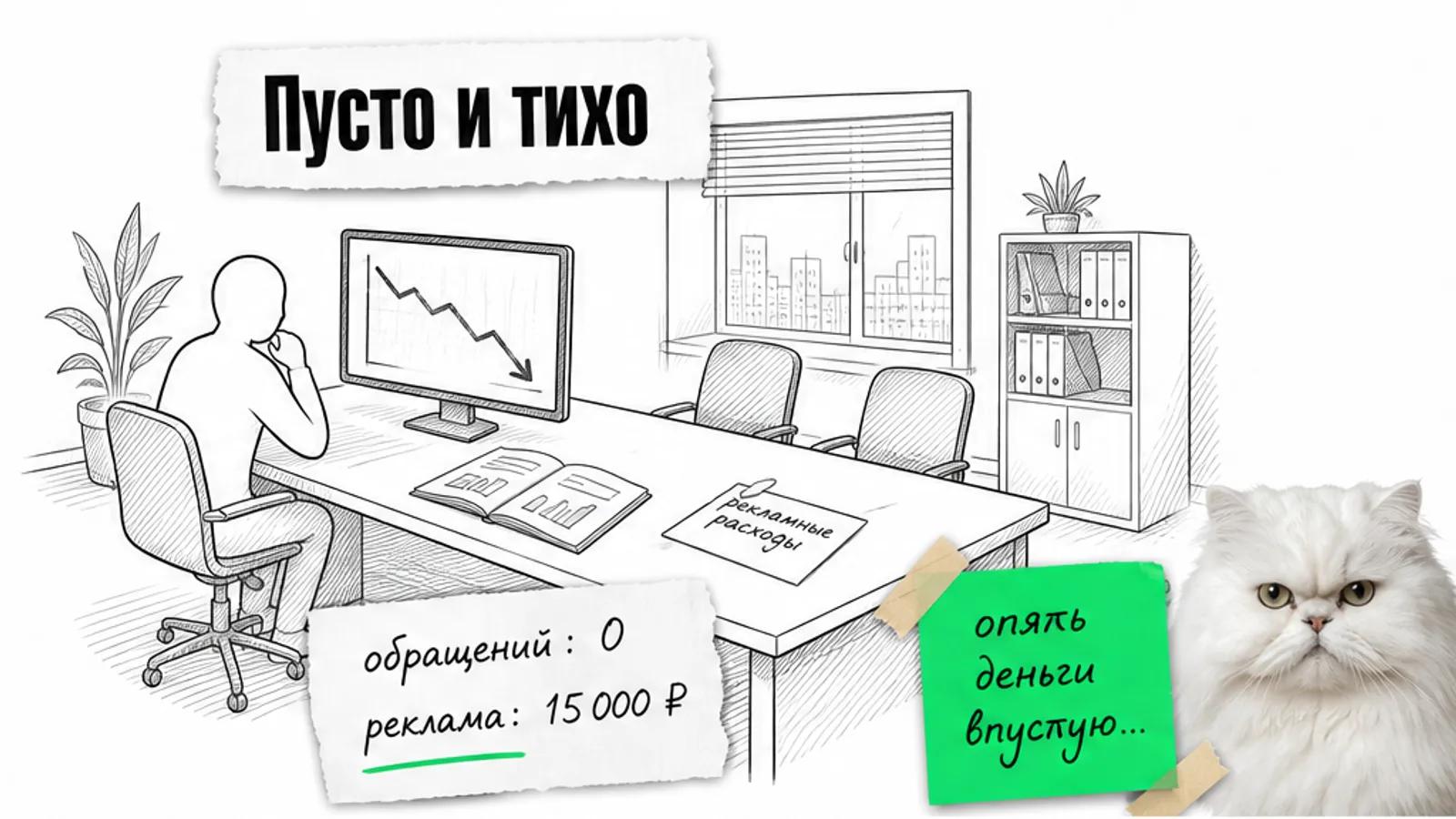 Пустая комната консалтингового агентства с отчётом о падении продаж и одним силуэтом сотрудника.
