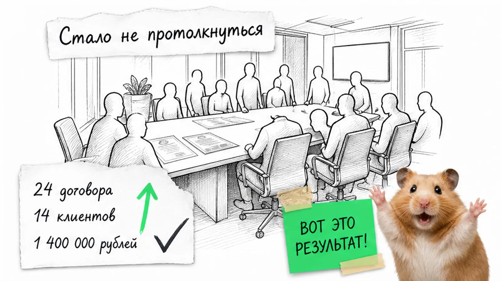 Та же переговорная с той же точки заполнена людьми, рядом хомяк с поднятыми лапами и числа результата.