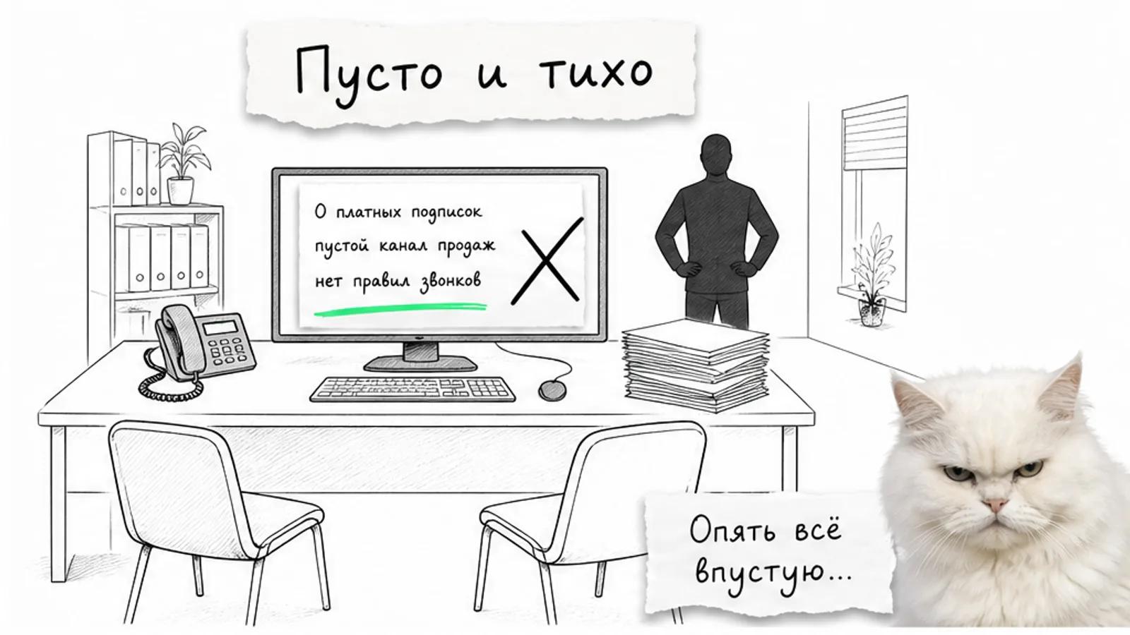 Пустой кабинет АТС с одним силуэтом, телефоном, монитором и нулём платных подписок.