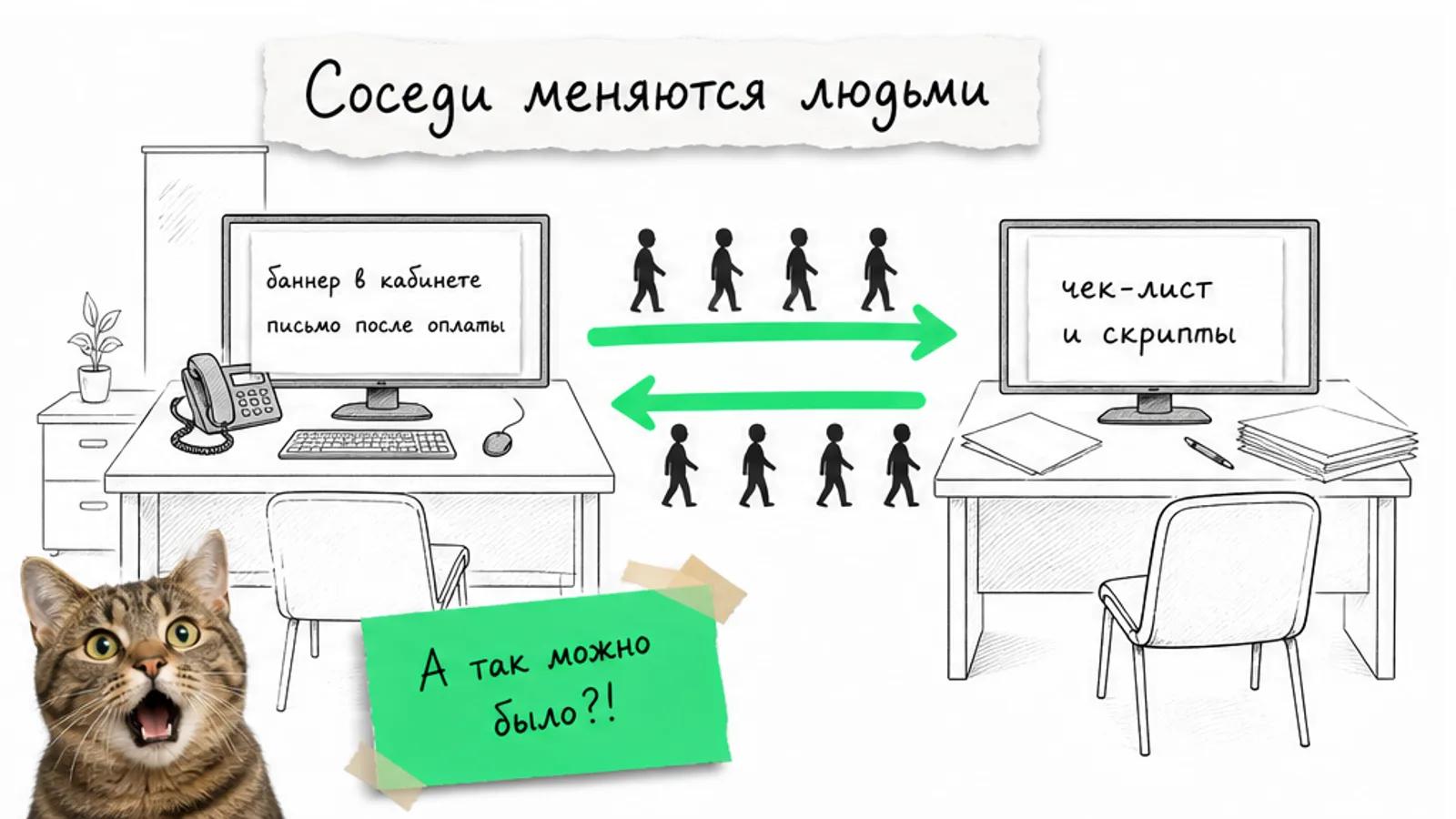 Два соседних рабочих места соединены зелёной стрелкой, между ними движутся силуэты клиентов.