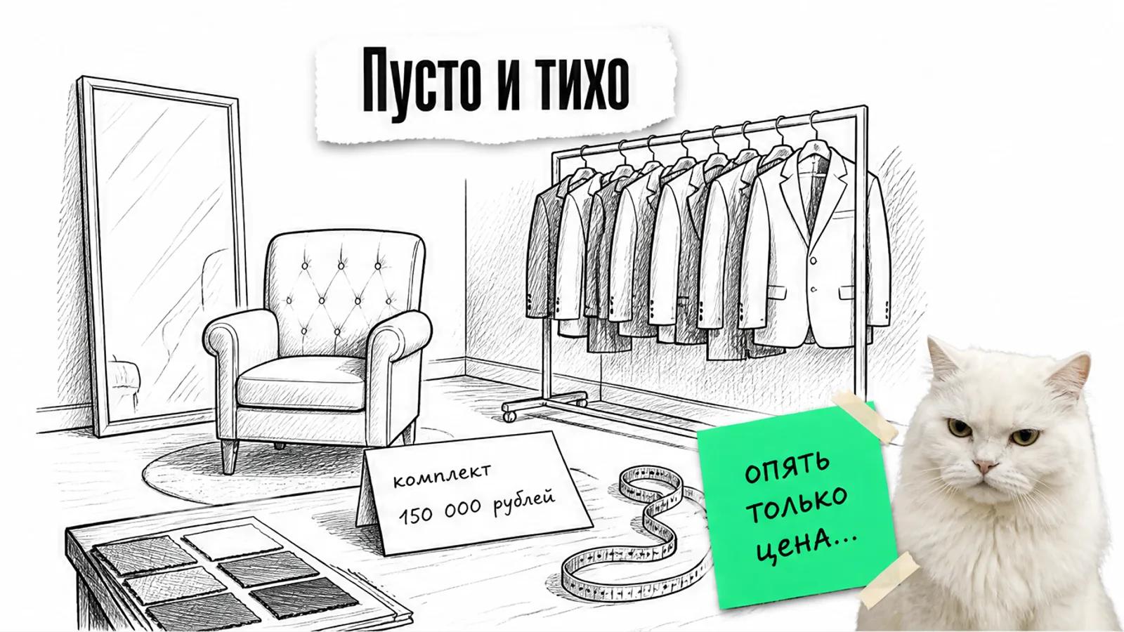 Пустая примерочная с расчётом на 150 000 рублей и скептичным белым котом.