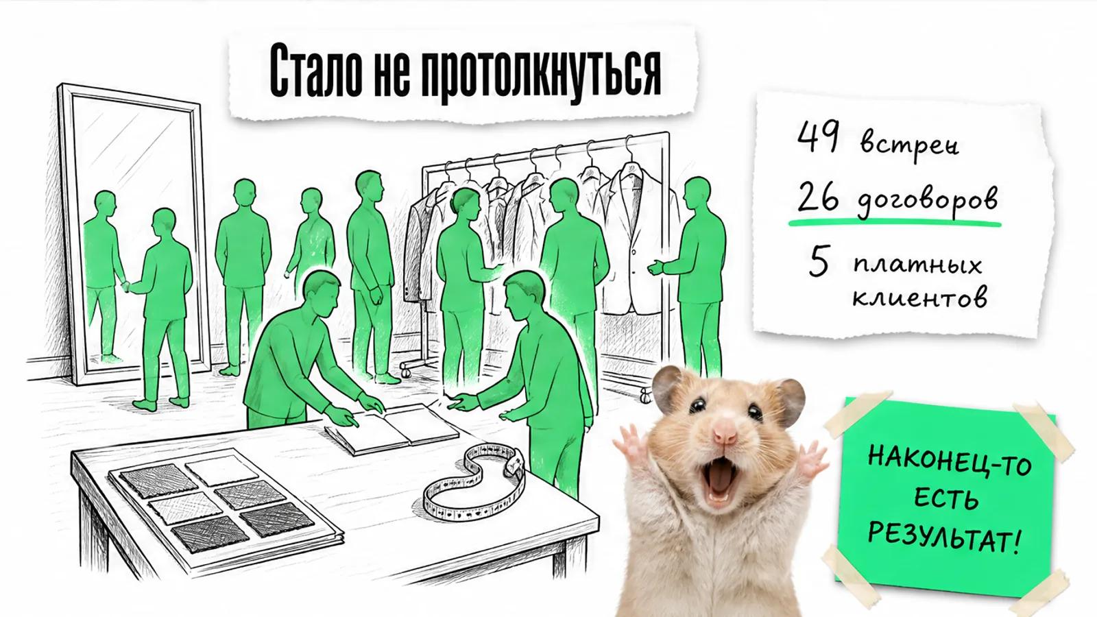 Та же примерочная заполнена людьми, рядом карточка с результатом и торжествующий хомяк.