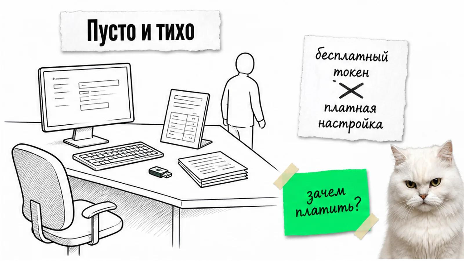 Пустое рабочее место с компьютером, документами и одним силуэтом клиента, рядом скептичный кот.