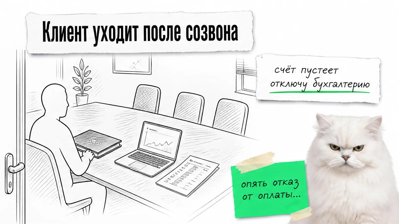 На финансовом созвоне владелец магазина собирается отключить бухгалтерию; рядом скептичный кот.