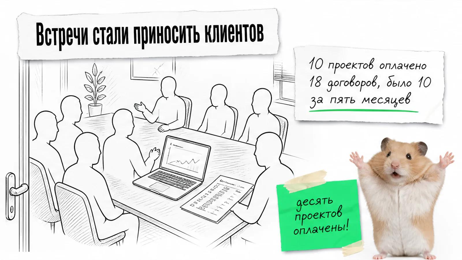 Зал финансовых встреч заполнен клиентами, рядом карточка с результатами и торжествующий хомяк.